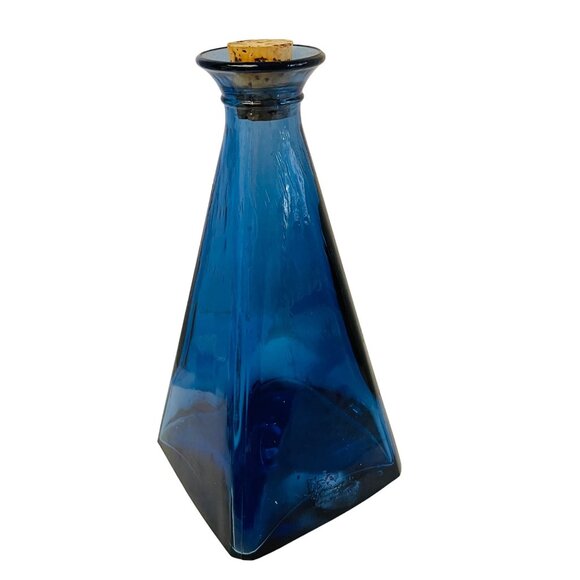 Vintage Blue Glass Pyramid Bottle With Cork Stopper - Picture 4 of 6